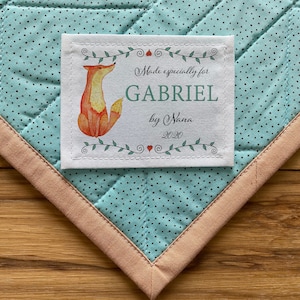 Etiquetas de costura personalizadas grandes / Etiquetas de colcha personalizadas / Etiquetas de tela personalizadas / Etiquetas recortadas / Etiqueta de estadísticas de nacimiento, bebé, zorro, bosque