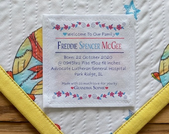 Large Fabric Cotton Quilt Label, Personalized Labels, Birth Stats Baby Quilts, baby boy, baby girl, pink, blue, Blanket Label, quilt labels