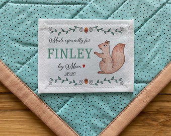 Large Personalized Sewing Labels | Personalized Quilt Labels | Custom Fabric, Cut-Out Labels, Birth Stats Label, baby, squirrel, forest