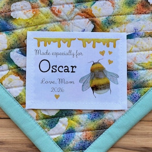 Duże etykiety na kołdry, etykiety do szycia, spersonalizowane etykiety na kołdry, łatka na kocyk dla chłopca, dziewczynki, robienie na drutach, tkanina pszczelarska, prezent dla pszczelarza, pszczoła miodna