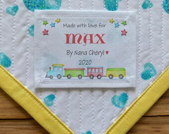 Large Personalized Sewing Labels Personalized Quilt Label Custom Fabric, Cut-Out Labels, Birth Stats, baby shower, info, train, toys
