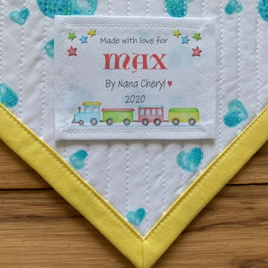 Large Personalized Sewing Labels Personalized Quilt Label Custom Fabric, Cut-Out Labels, Birth Stats, baby shower, info, train, toys