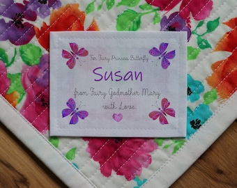 Large Quilt Labels, Blanket Labels, Personalized Quilt Fabric, Custom Knitting label, butterfly, pink, baby girl, Birth Stats