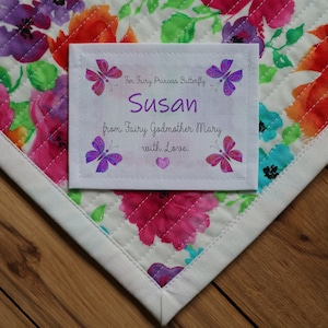 Large Quilt Labels, Blanket Labels, Personalized Quilt Fabric, Custom Knitting label, butterfly, pink, baby girl, Birth Stats