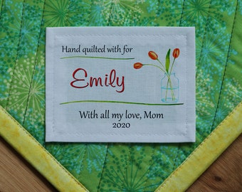 Free Shipping Personalized Sewing Labels, Personalized Quilt Labels, Custom Labels, Stats Label, Blanket Labels, quilt patch, tulips, red