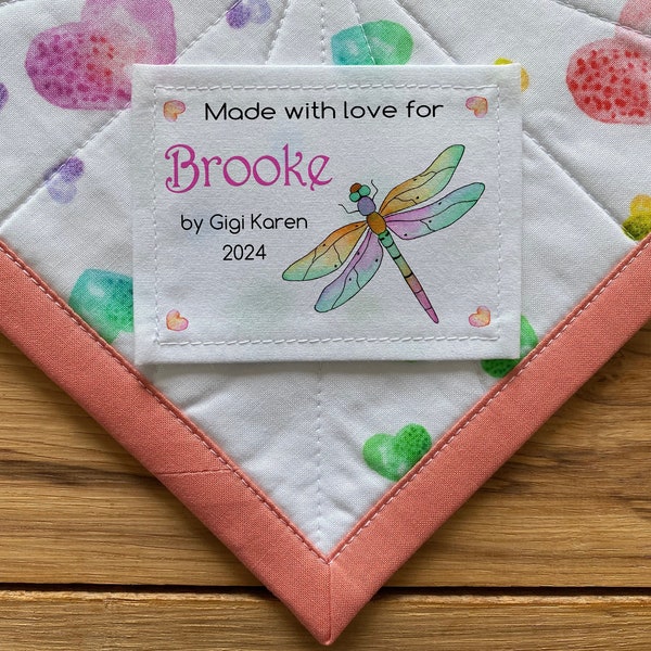 Large Quilt Labels, Sewing Labels | Personalized Quilt Labels, baby boy, girl Blanket Patch, knitting labels, Dragonfly, ombre