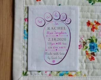 Free Shipping Quilt label, Knitting Labels, Personalized Sewing Labels, Quilt Labels, pink fabric, Birth Stats, baby shower, girl