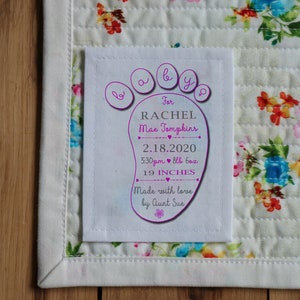 Free Shipping Quilt label, Knitting Labels, Personalized Sewing Labels, Quilt Labels, pink fabric, Birth Stats, baby shower, girl