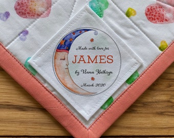 Large Quilt Label, Personalized Sewing Labels, Personalized Quilt Labels, Custom Fabric Labels, Birthday Gifts, Baby, boy, girl, Moon