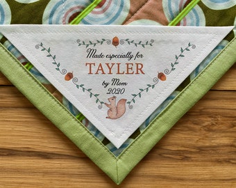 Large Triangle Quilt Label, Personalized Sewing Labels Personalized Quilt, Handmade, Quilt Labels, squirrel, forest, animals, kids, baby