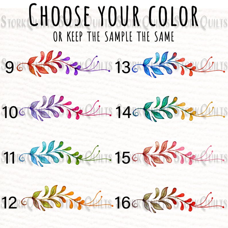 May include: A chart with 8 different color options for a floral design. The design is a watercolor style vine with leaves and berries. The numbers 9 through 16 are next to each color option.