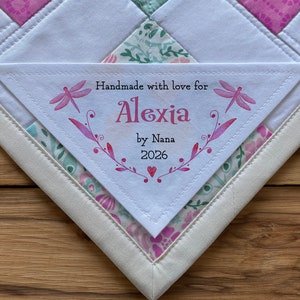 Triangle Quilt Label, Personalized Sewing Labels, Personalized Labels, Fabric Labels, Handmade Dragonfly Quilt Labels, corner labels, pink