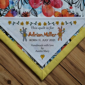 Groot driehoekig quiltlabel, gepersonaliseerde naailabels, quiltlabels, labels, roze, hoekquiltlabels, baby, meisje, jongen, blauw, babyshower