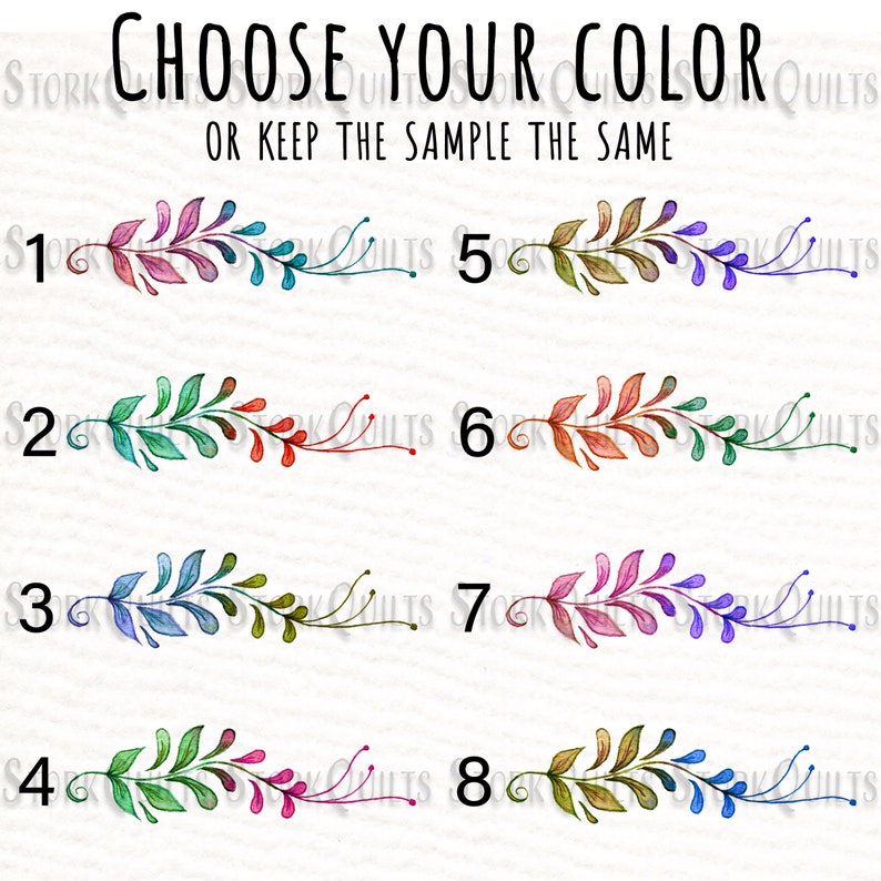 May include: Eight different color options for a floral design. The design features a leafy branch with small flowers. The colors include pink, blue, red, green, purple, orange, brown, and yellow.