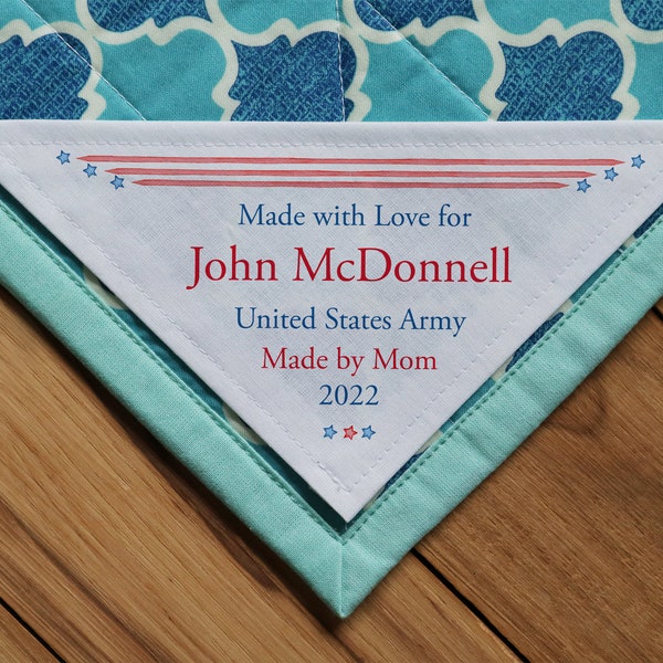 Large Triangle Quilt Label, Personalized Quilt Labels, Handmade Labels, 4th of July, corner quilt labels, of Valor