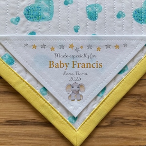 Large Triangle Quilt Label, Quilt Labels, Personalized, baby elephant, baby born, Quilt Labels, baby shower, birth stats, African Animals