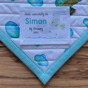 Custom Large Quilt Labels Sewing Label Cotton Fabric Label Quilts Birth Stats Baby Shower Under the Sea Animals Fish Whale blue