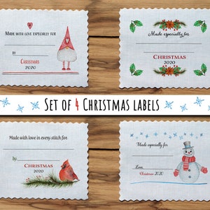 Set van vier grote kerstquiltlabels Stoffenlabel Aangepaste quilts Dekenpatch Kardinaal, Sneeuwpop, Kabouter, Rood