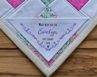 Triangle Quilt Label | Personalized Sewing Labels, Personalized Quilt Labels, Handmade Labels, Cut-Out Labels, music, notes, pink gift