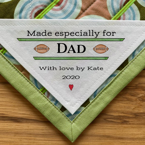 Large Triangle Quilt Label Personalized  Labels Football Fabric Patch Handmade Quilts Birthday Daddy dad, gift  Labels Super Bowl Labels