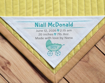 Large Triangle Quilt Label, Quilt Labels, Personalized, Baby Girl, Baby Boy Quilt, baby born, birth stats, baby footprint