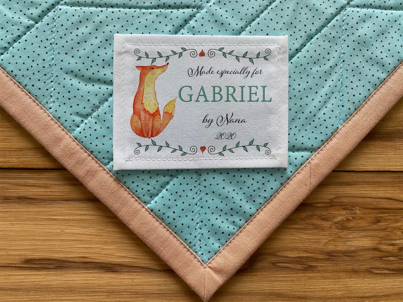 Large Personalized Sewing Labels Personalized Quilt Labels Custom Fabric Labels Cut-Out Labels Birth Stats Label, baby, fox, forest image 1