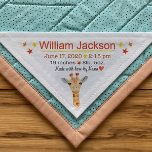 Large Triangle Quilt Label, Quilt Labels, Personalized, baby elephant, baby born, Quilt Labels, baby giraffe, birth stats, African Animals