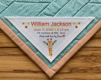 Large Triangle Quilt Label, Quilt Labels, Personalized, baby elephant, baby born, Quilt Labels, baby giraffe, birth stats, African Animals
