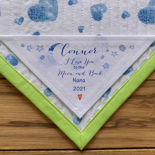 Large Triangle Quilt Label, Personalized Sewing Labels, I love you to the moon and back, Cut-Out Labels, Fabric stars, Handmade Quilts