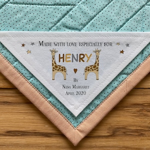 Groot hoekquiltlabel, gepersonaliseerde naailabels, quiltlabels, babylabels, babyshower, hoeklabels, giraf, Moederdag