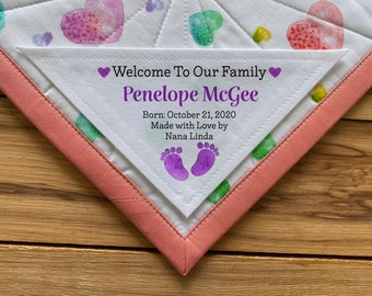 Large Triangle Quilt Label, Quilt Labels, Personalized, Baby Girl, Baby Boy Quilt, baby born, birth stats, baby footprint