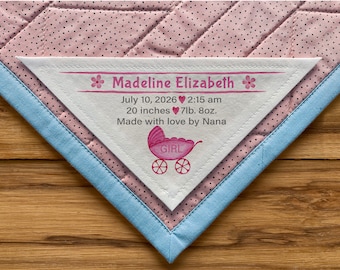 Large Triangle Quilt Label, Quilt Labels, Personalized, Baby Girl, Baby Boy Quilt, baby born, birth stats, baby footprint