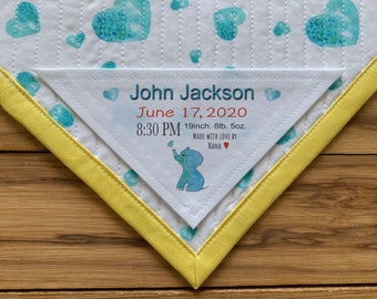 Large Triangle Quilt Label, Quilt Labels, Personalized Labels, baby elephant, baby born, Quilt Labels, baby shower, birth stats