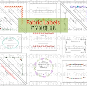 以下が含まれることがあります： さまざまなデザインの布製ラベルが印刷されたシートです。ラベルには、花柄、ハート、幾何学模様が含まれています。ラベルのテキストには、「愛を込めて」、「作成者」、「特別に作成」と記載されています。