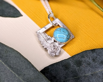 silver leaf necklace blue howlite silver flower necklace nature inspired necklace leaf pendant turquoise jewellery unique one of a kind £38.00