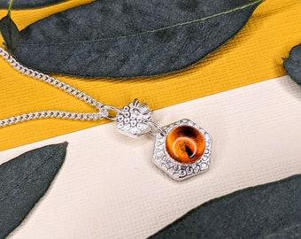 silver bee necklace amber stone honeycomb silver necklace nature inspired amber necklace hexagon pendant bee jewellery unique one of a kind £32.00