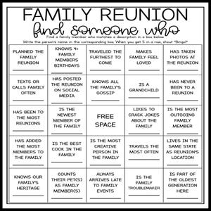 Familientreffen-Bingospiel zum Ausdrucken, Familientreffen-Spiele, jemanden finden, der Familien-Bingo kennenlernt, Familien-Eisbrecher, Familienspaß
