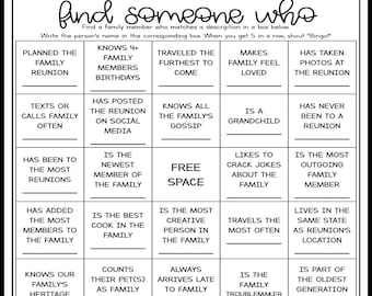 Family Reunion Bingo Game Printable, Family Reunion Games, Find Someone Who, Get To Know Family Bingo, Family Icebreaker, Family Fun