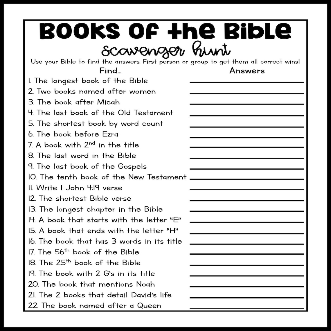 Books of the Bible Scavenger Hunt Game Printable Church Game Women #39 s