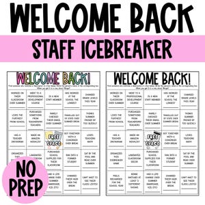 May include: A printable staff icebreaker bingo game featuring two identical grid sheets with the text WELCOME BACK and various prompts like worked on their classroom over summer, has a teacher instagram, and a free space with a calculator icon.