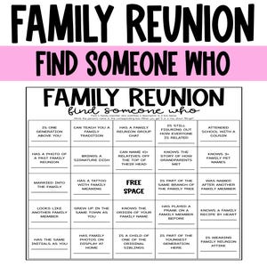 Family Reunion Bingo Game Printable, Family Reunion Games, Find Someone Who, Get To Know Family Bingo, Family Icebreaker, Family Fun