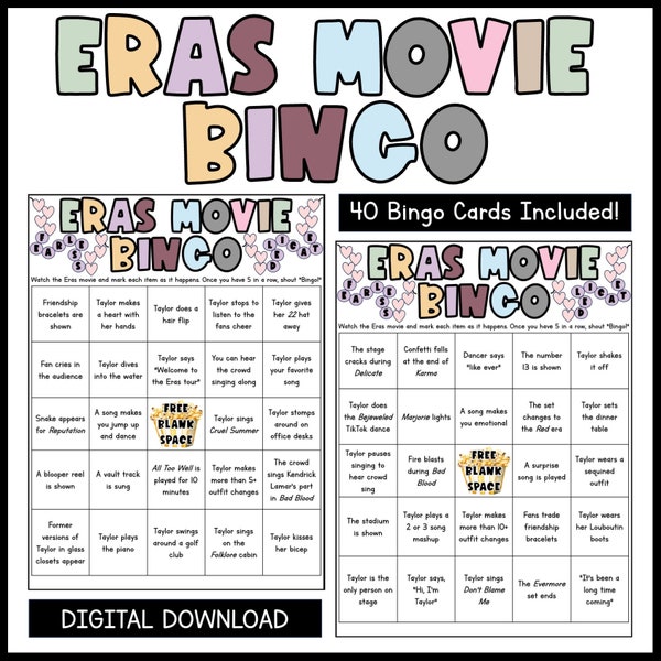 The Eras Movie Bingo Taylor Tour Movie Bingo 40 Cards Digital File Eras Movie Party Printable Digital Download