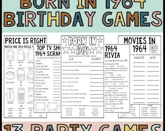 Juegos de fiesta de cumpleaños número 60 Nacido en 1964 Paquete de juegos de cumpleaños 1964 Trivia divertido juego de fiesta de cumpleaños número 60 para hombres mujeres imprimible digital- EE. UU.