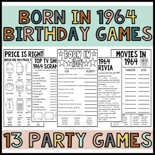 60th Birthday Party Games Born in 1964 Birthday Game Bundle 1964 Trivia fun 60th birthday party game for Men Women Printable Digital- USA