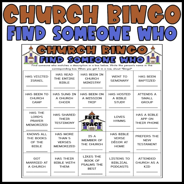 Printable Church Bingo Game Christian Bingo Game Find Someone Who Bingo Game Church Game Night Church Party Games Bible Study Game Digital