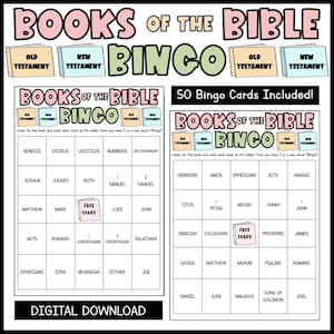 Tarjetas de bingo de los libros de la Biblia Juego de bingo de la iglesia Juego de bingo cristiano Juego de bingo bíblico Tarjetas de bingo imprimibles 50 tarjetas Descarga digital
