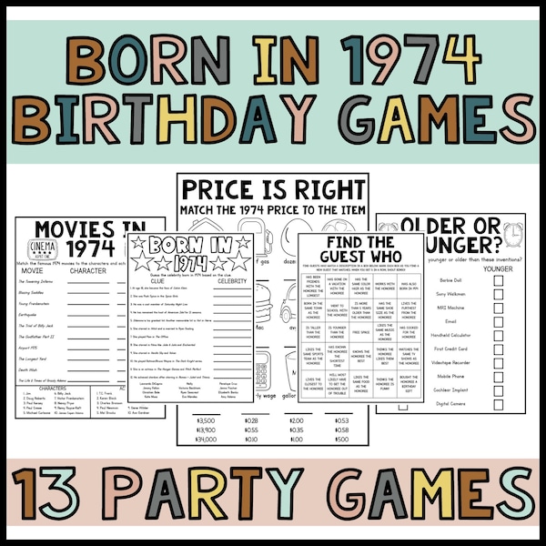 50th Birthday Party Games Born in 1974 Birthday Game Bundle 1974 Trivia fun 50th birthday party game for Men Women Printable Digital- USA