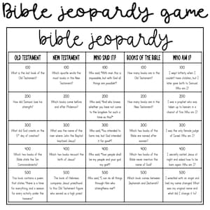 May include: A black and white Bible Jeopardy game board with categories like Old Testament, New Testament, and Who Said It? The game includes questions and point values, perfect for a fun, educational activity.