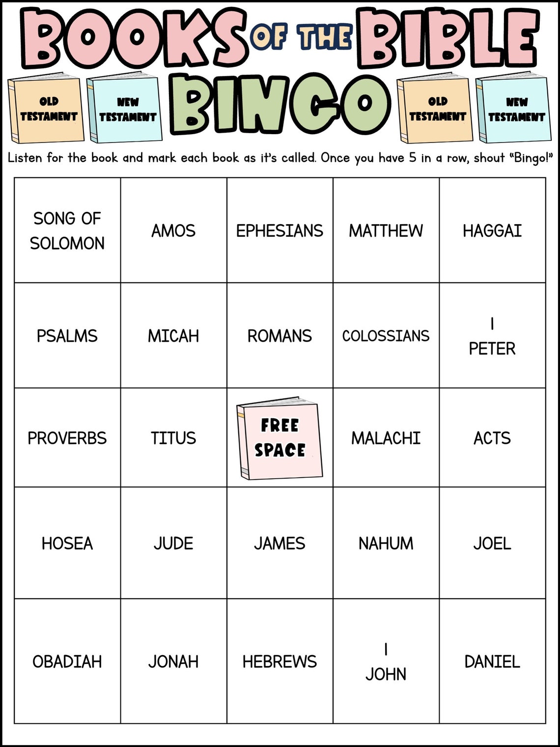 Books of the Bible Bingo Cards Church Bingo Game Christian Bingo Game