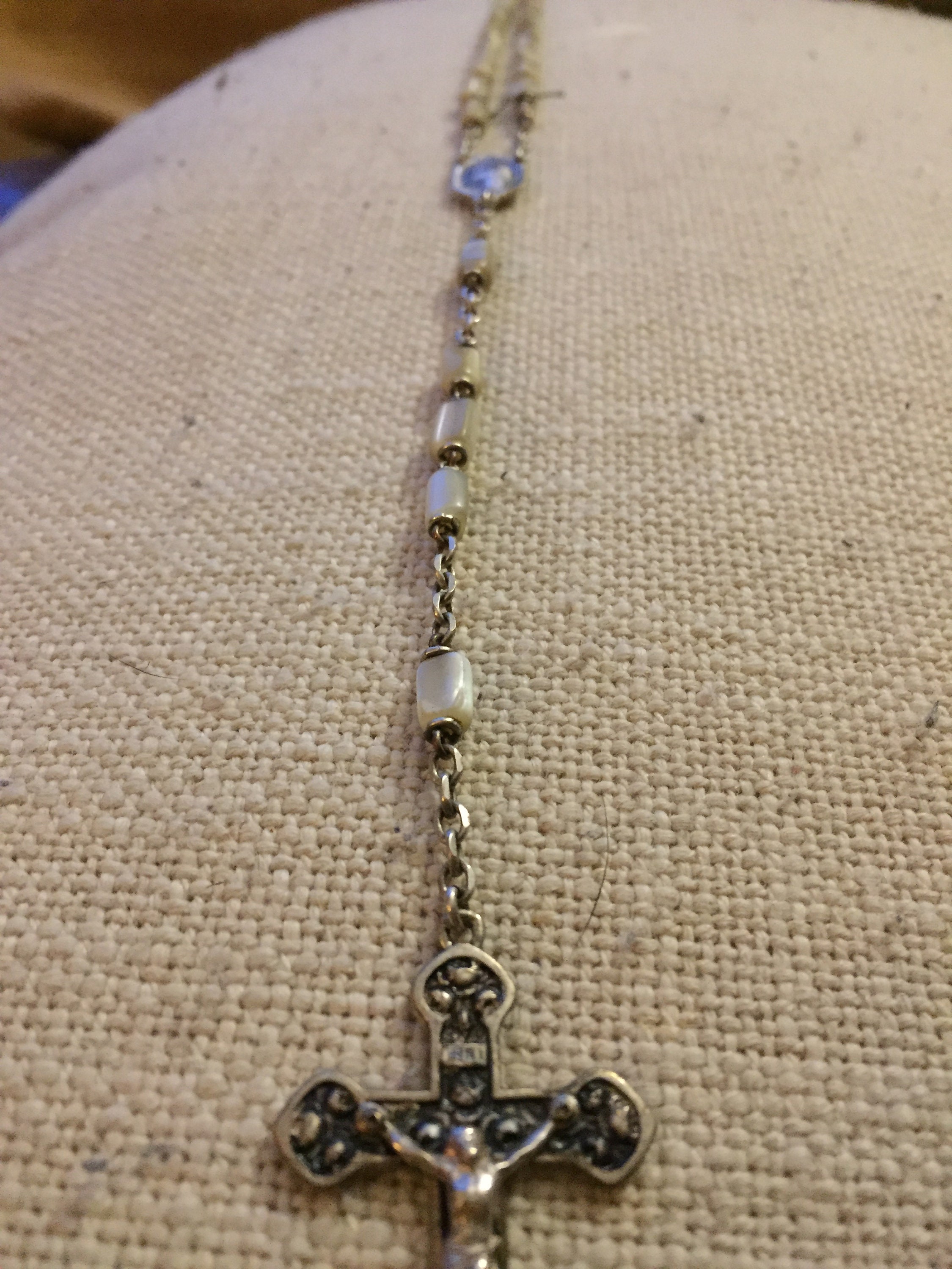 Antique Mother Of Pearl Rosary Stone Metal Cross Beads Vintage Christianity